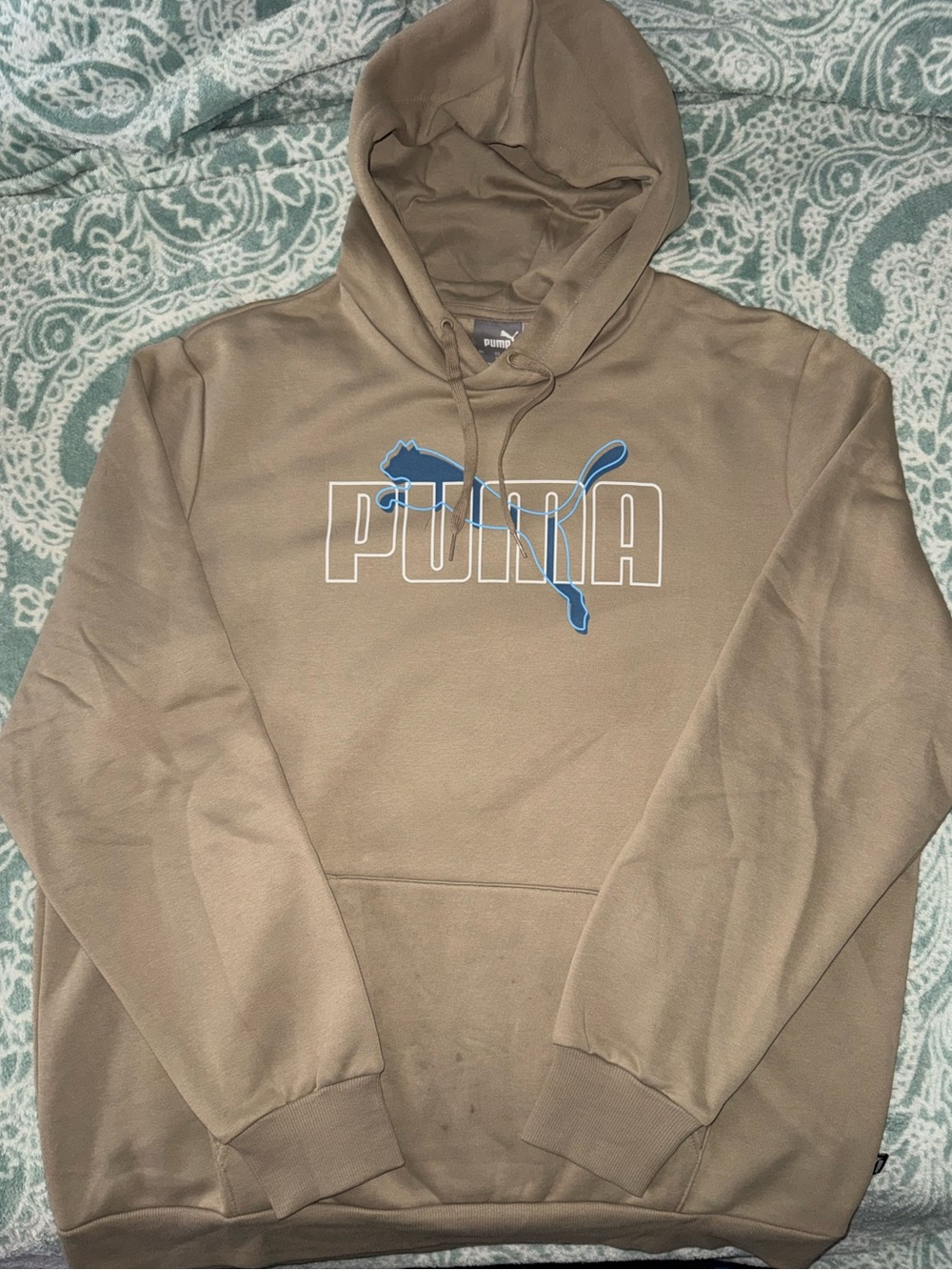 Puma Men's Taupe Hoodie with Blue Logo